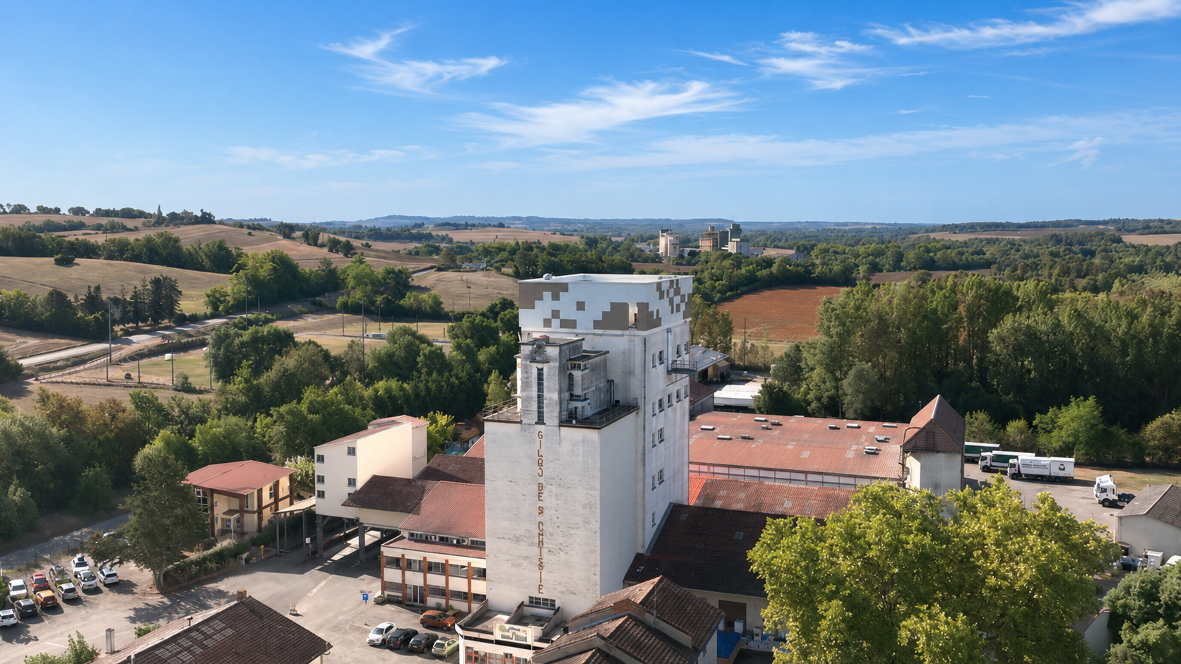 Photographie d'un bâtiment industriel entouré de champs